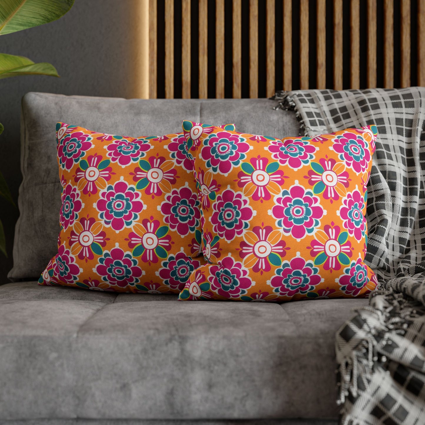 Array of Stylized Floral Motifs in Vivid Pink, Teal, and White Set Against a Warm Orange Backdrop Spun Polyester Square Pillowcase 4 Sizes