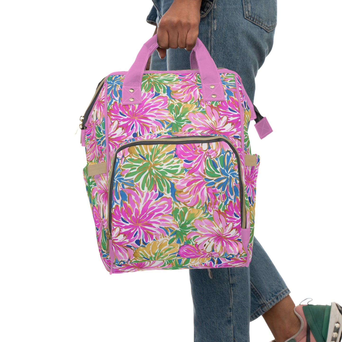 Pastel Bouquet: Large Blooms of Pink, Gold, and Blue in Watercolor Multifunctional Diaper Backpack