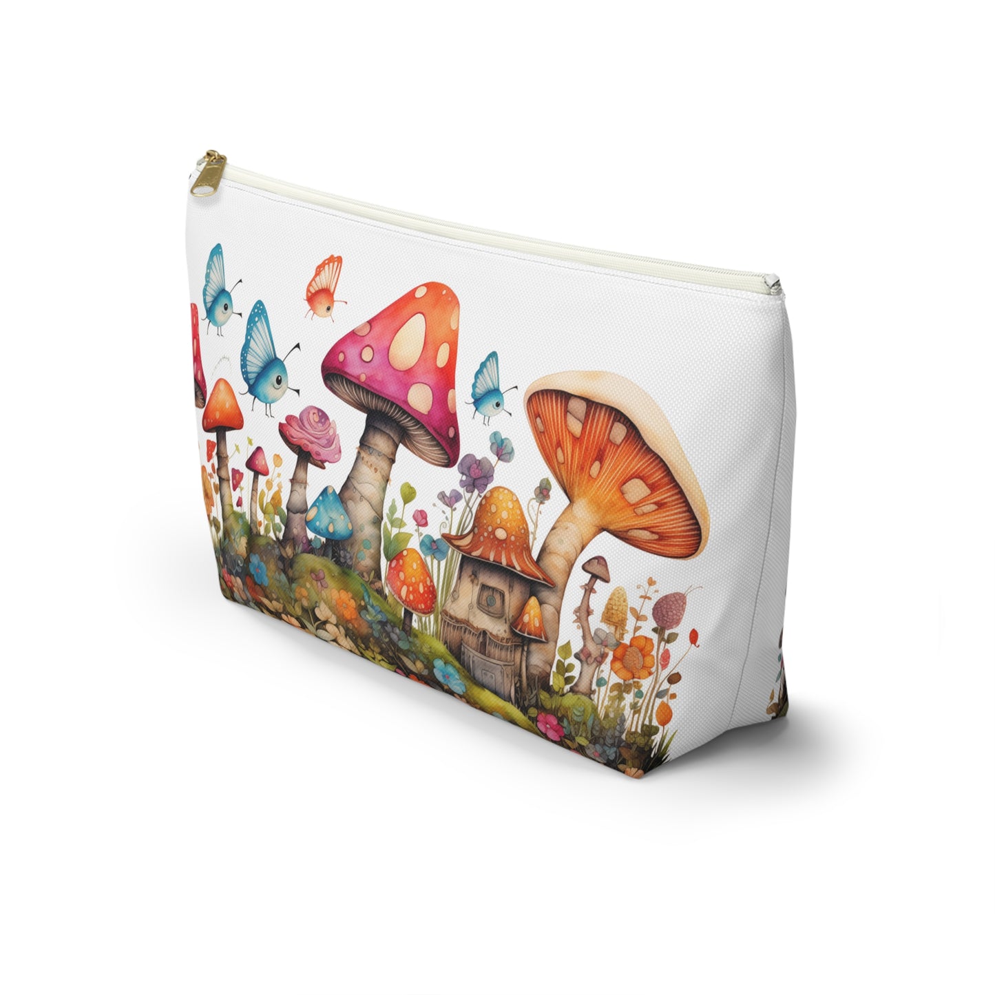 Enchanting Mushroom Cottage Adorned with Butterflies and Toadstools - Makeup & Accessory Bag 2 Sizes