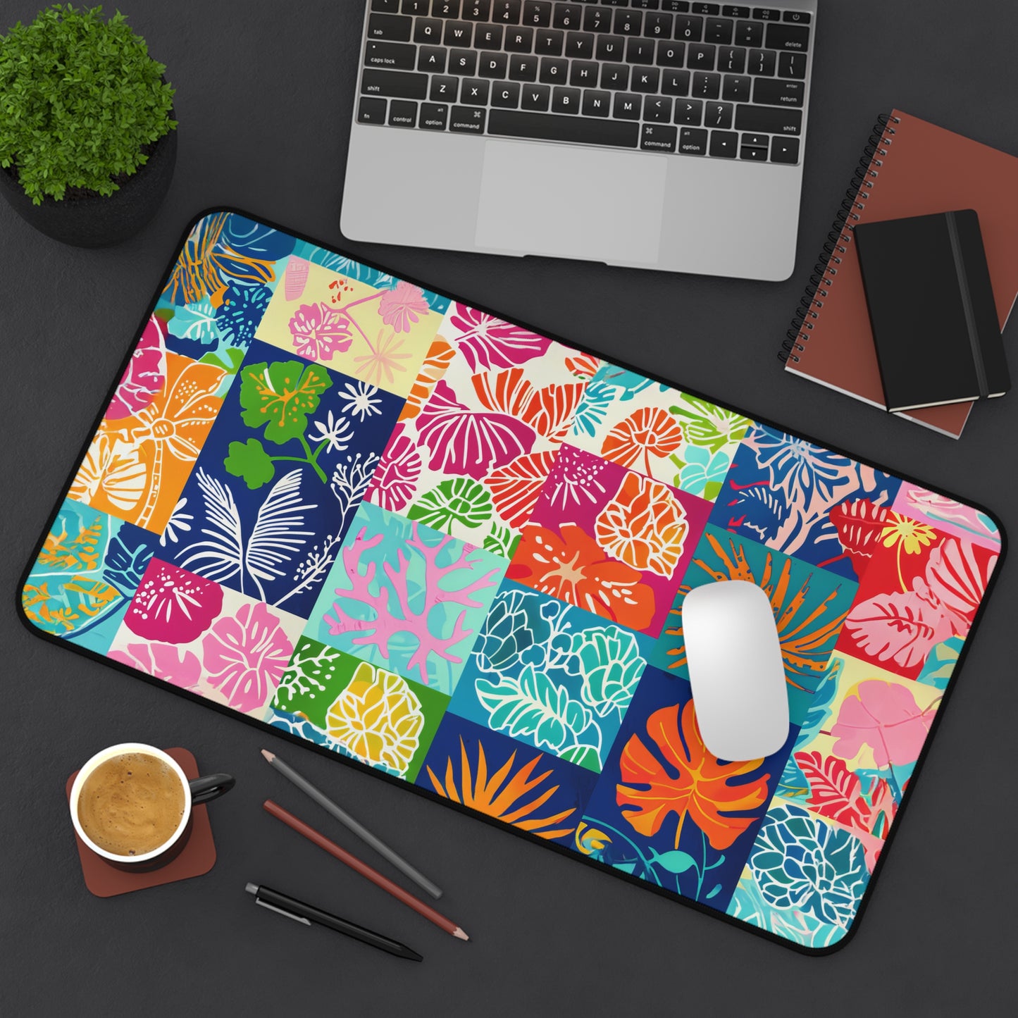 Vibrant Mosaic of Tropical Unique Shapes and Hues, from Vivid Oranges to Deep Blue Leaves and Flowers Extended Gaming Mouse Pad  Desk Mat  - 3 Sizes