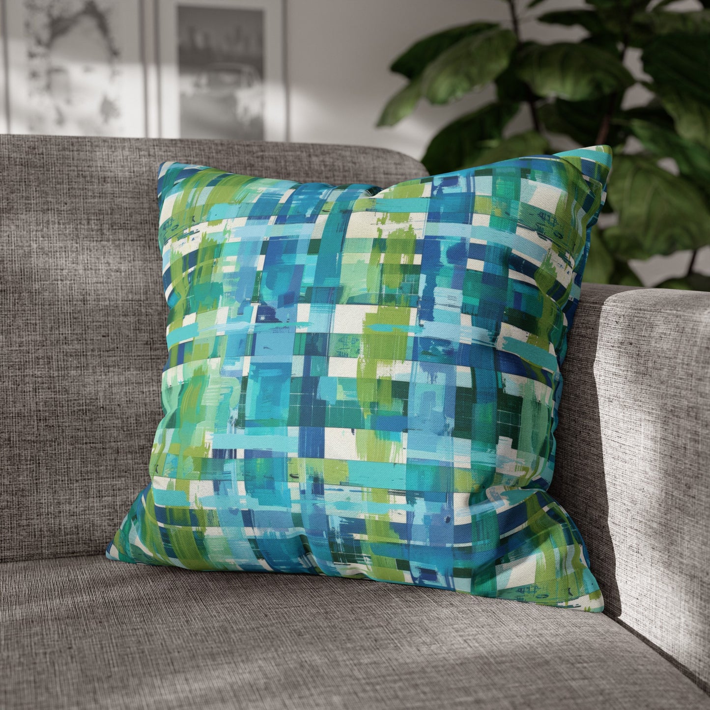 Enchanted Lagoon: Vibrant Green and Blue Abstract Plaid Spun Polyester Square Pillowcase 4 Sizes