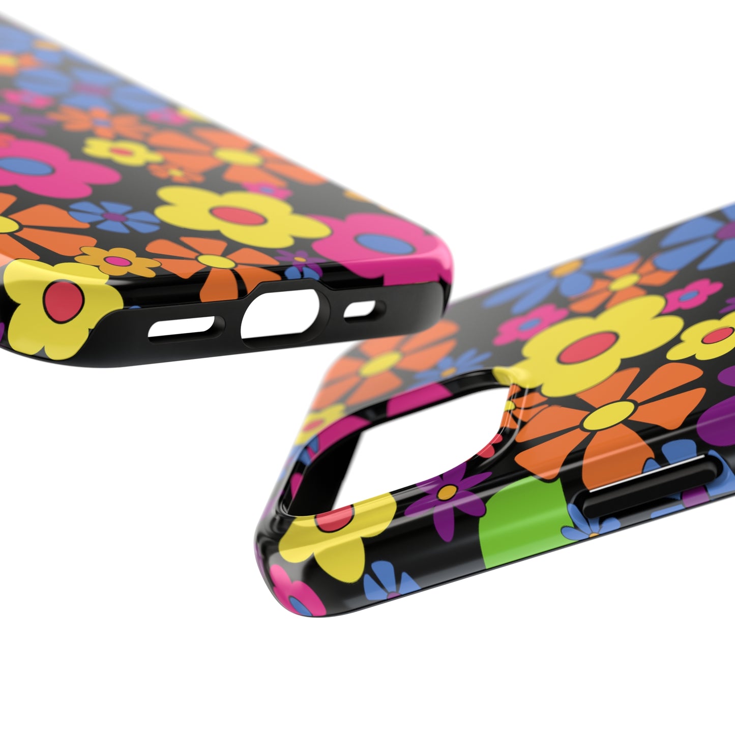 Flower Power Design on Black Background Iphone Tough Phone Case