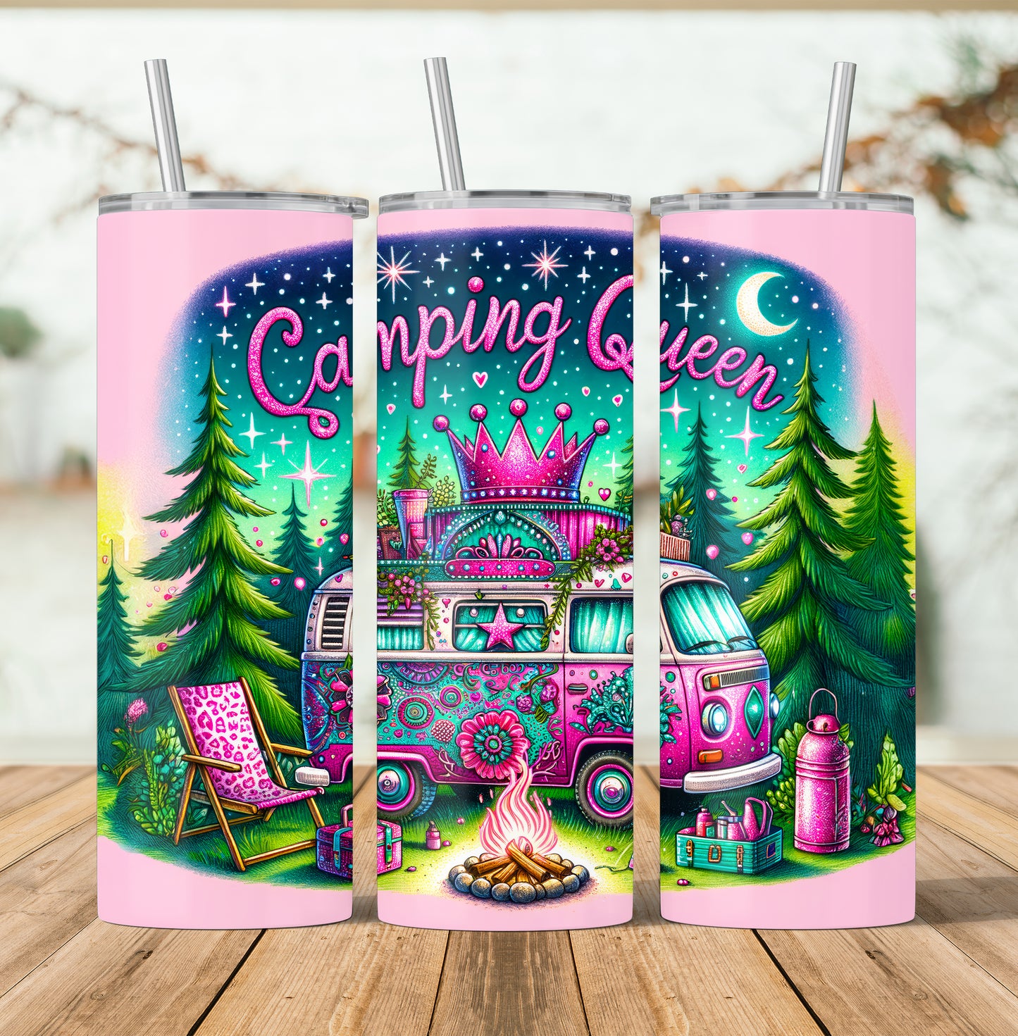 Camping Queen Tumbler Wrap Outdoor Camping Lover, Camper Van Seamless Design 20 oz Skinny Tumbler