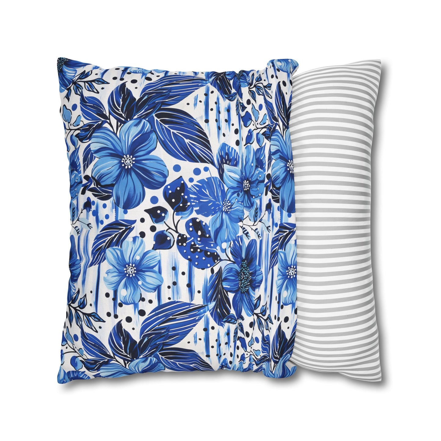 Floral Symphony in Shades of Blue, Harmonized with Abstract Lines Spun Polyester Square Pillowcase 4 Sizes