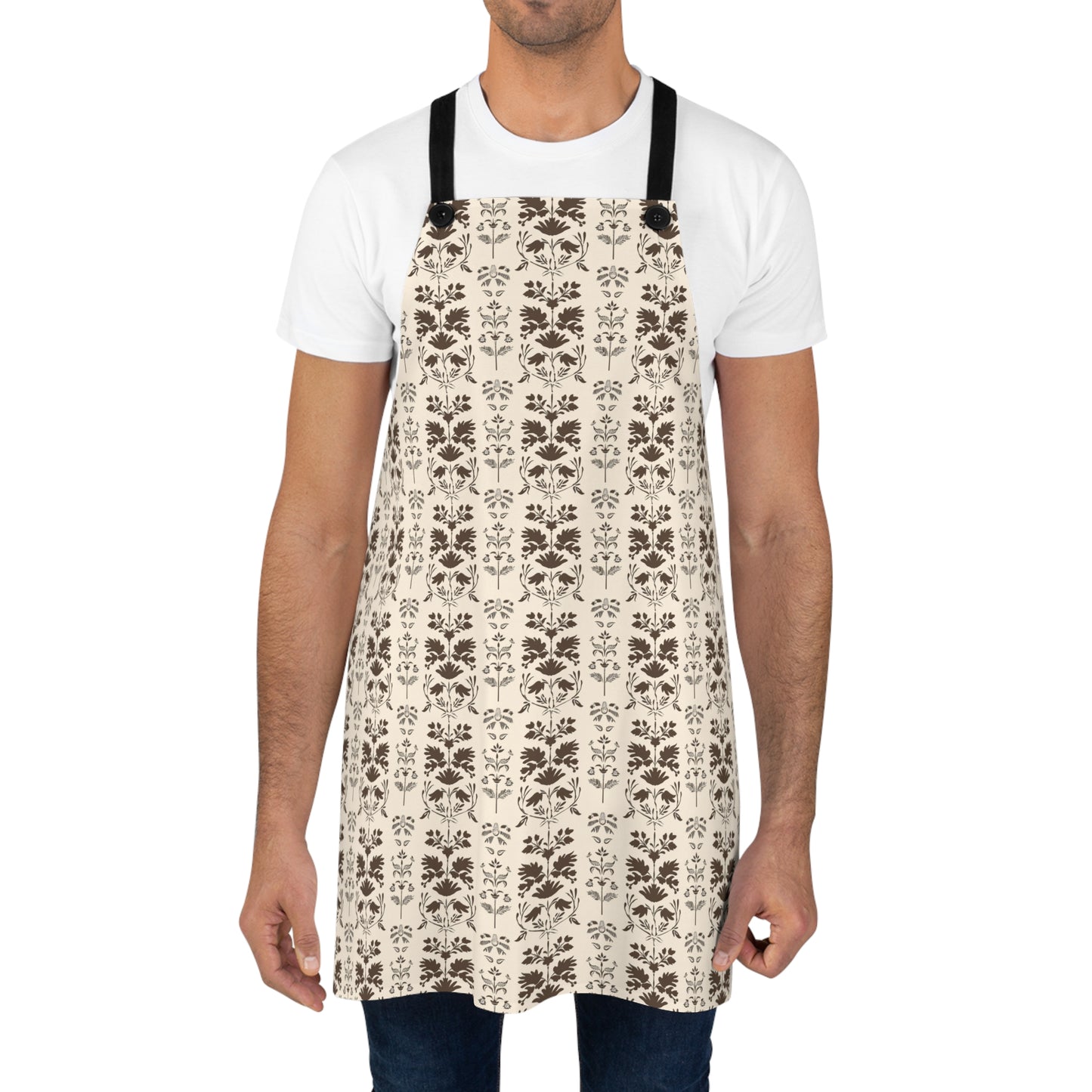 Early American Stencil-Inspired Beige and Brown Floral Pattern Kitchen Chef Apron