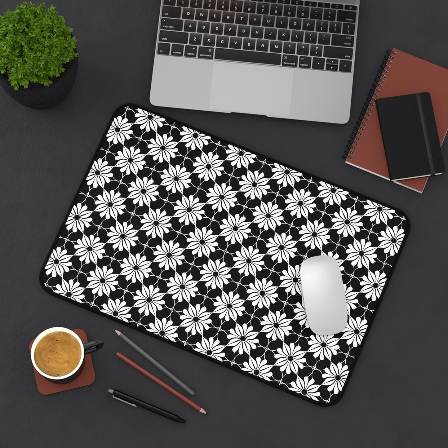 Retro Chic Monochrome Floral Geometric Flowers Extended Gaming Mouse Pad  Desk Mat  - 3 Sizes