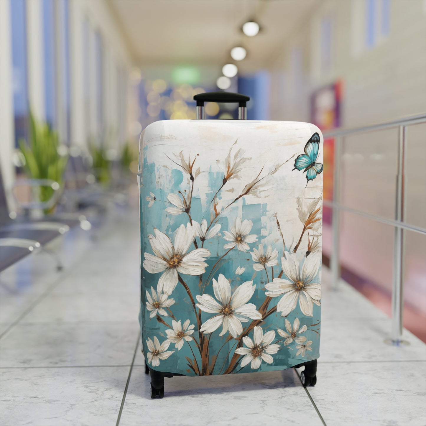 Rustic Farmhouse White and Teal Wild Daisies and Butterflies  - Luggage Protector and Cover 3 Sizes