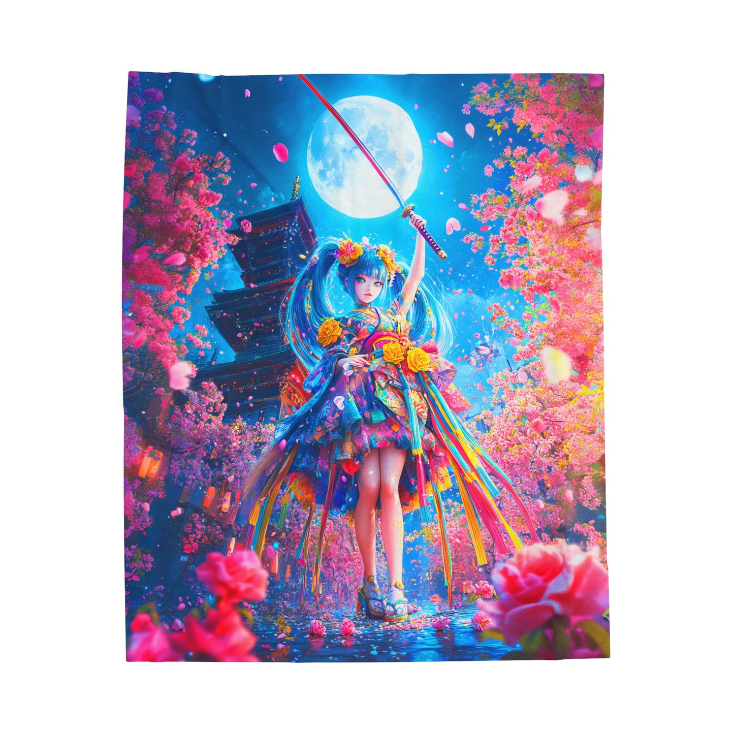 Samurai Warrior in Blossoms and Vibrant Kimono Under the Moonlight Velveteen Plush Blanket 3 Sizes