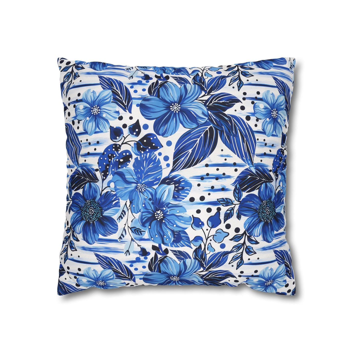 Floral Symphony in Shades of Blue, Harmonized with Abstract Lines Spun Polyester Square Pillowcase 4 Sizes