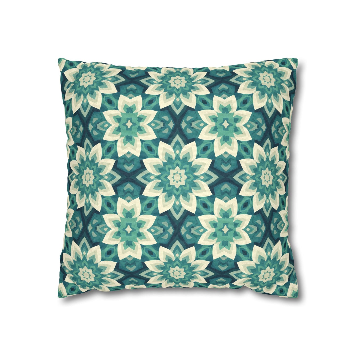 Intricate Aqua and Teal Mandala Floral Pattern Spun Polyester Square Pillowcase 4 Sizes