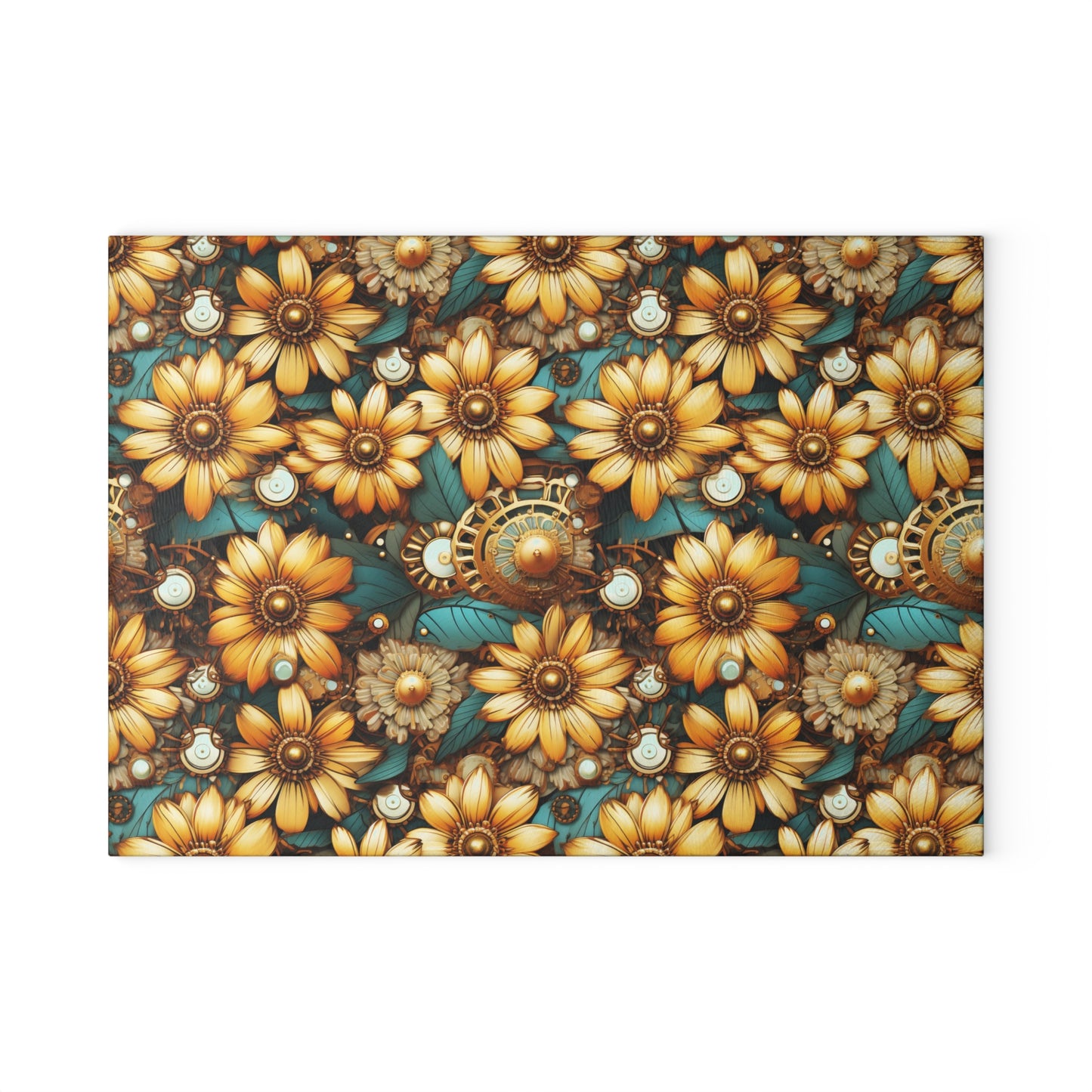 Victorian Steampunk Gold Flowers Teal Background with Gears and Mechanical Elements - Glass Cutting Board  8" x 11" and 11" x 15"