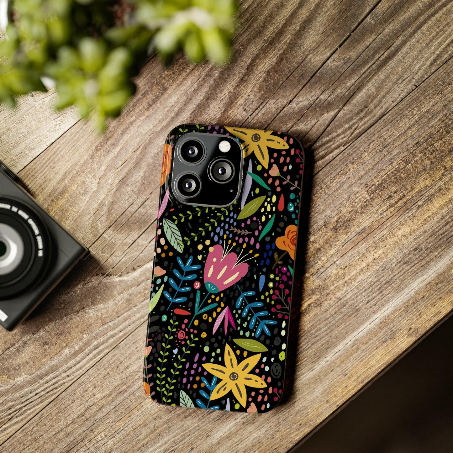 Springtime Splendor: Hand-Drawn Flowers Bursting with Vibrant Colors Design on Black Iphone 15-12 Slim Phone Case