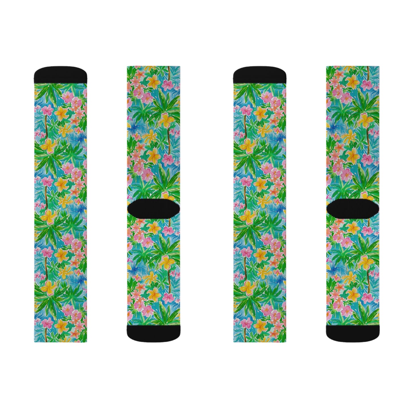 Tropical Harmony: Watercolor Yellow and Pink Hibiscus Flowers with Blue and Green Palm Leaves Ribbed Crew Socks