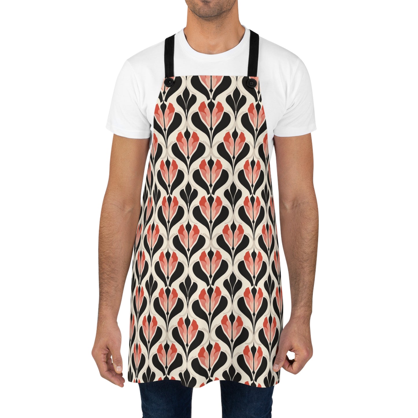 Art Deco Elegance Red Floral Motif on Cream Kitchen Chef Apron