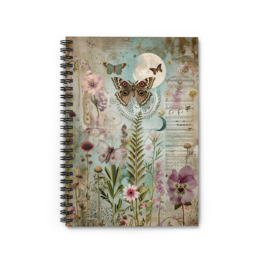 Mystical Musical Moon Celestial Pink Flowers and Butterflies - Spiral Notebook Ruled Line 6"x8"