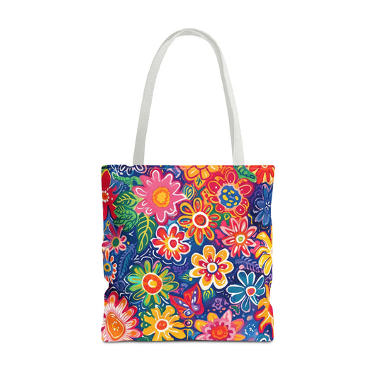 Fluttering Kaleidoscope: Vibrant Multicolor Flowers and Butterflies in Flight Canvas Tote Bag 3 Sizes