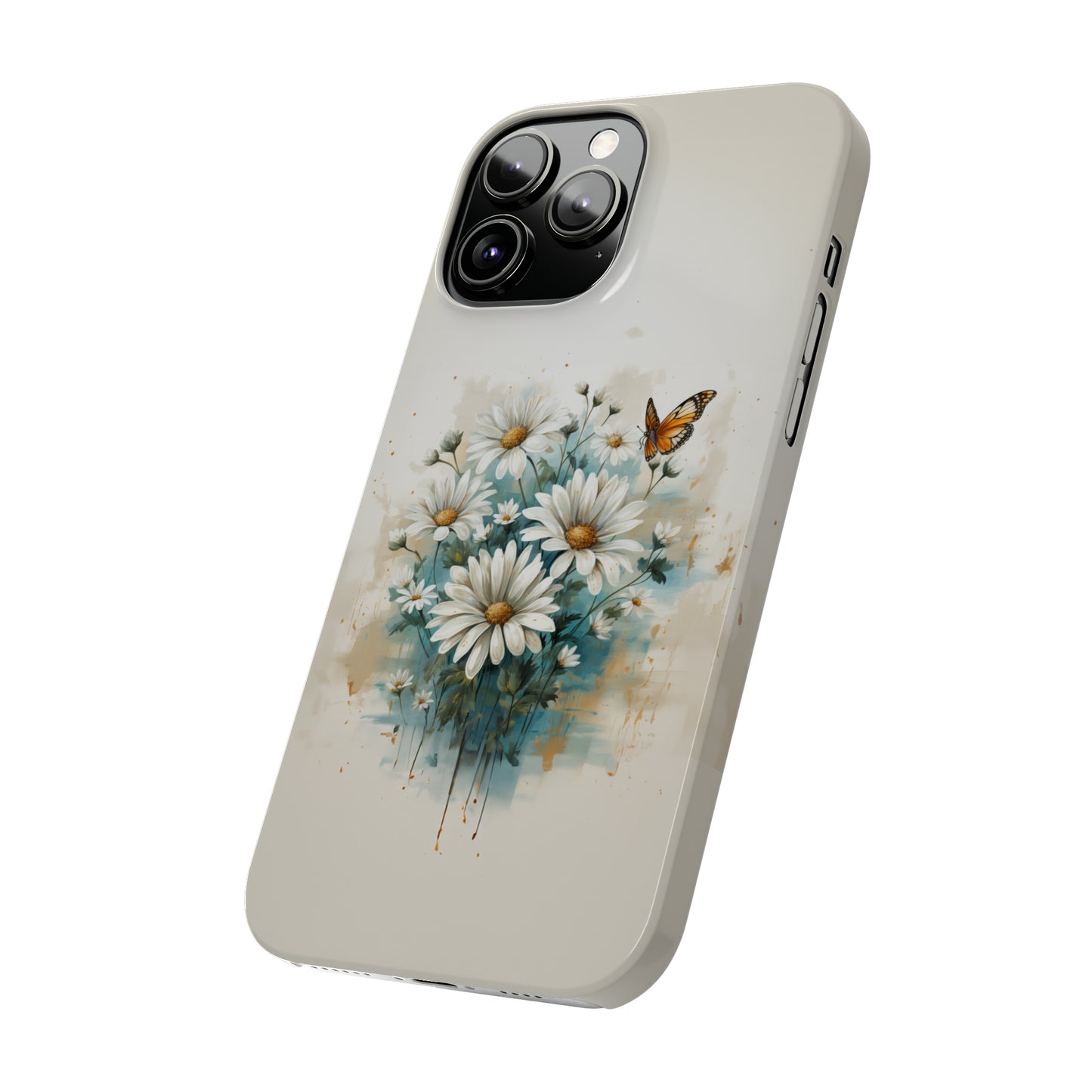 Rustic Farmhouse Teal and White Wild Daisies and Butterflies Iphone 15-12 Slim Phone Case