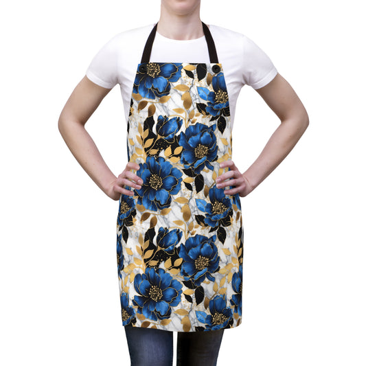 Grand Large and Elegant Flowers in Rich Navy and Gold Design - Kitchen Chef Apron