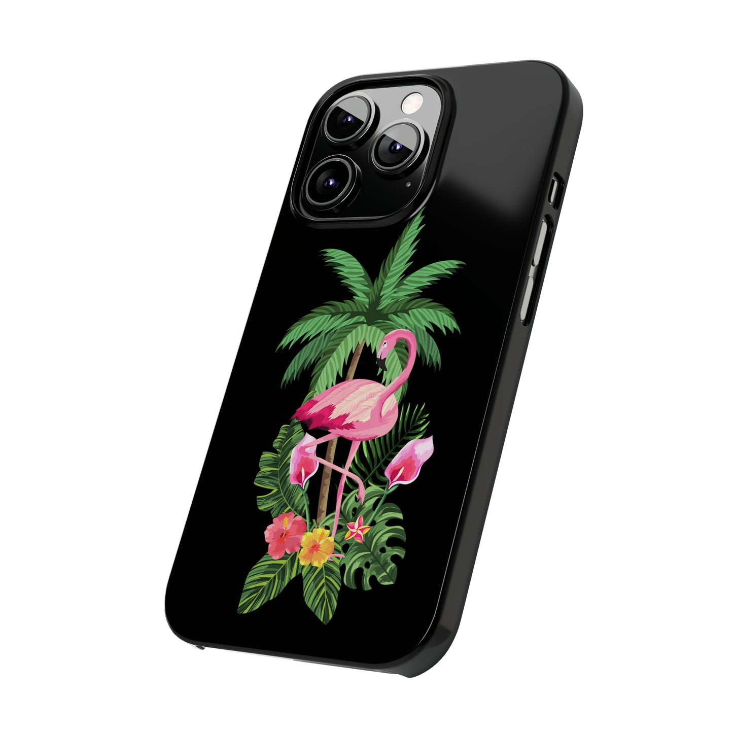 Tropical Pink Flamingo and Flowers Black Background Iphone 15-12 Slim Phone Case