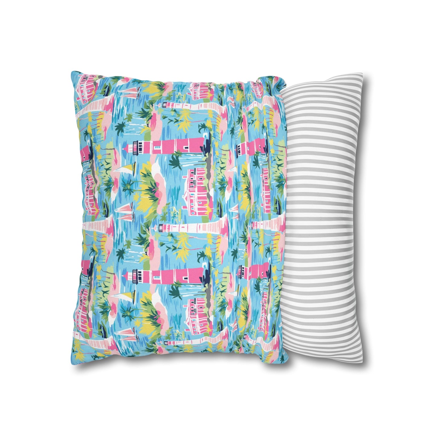 Coastal Charms: Sailboats and Lighthouses Adorning the Coastline Spun Polyester Square Pillowcase 4 Sizes