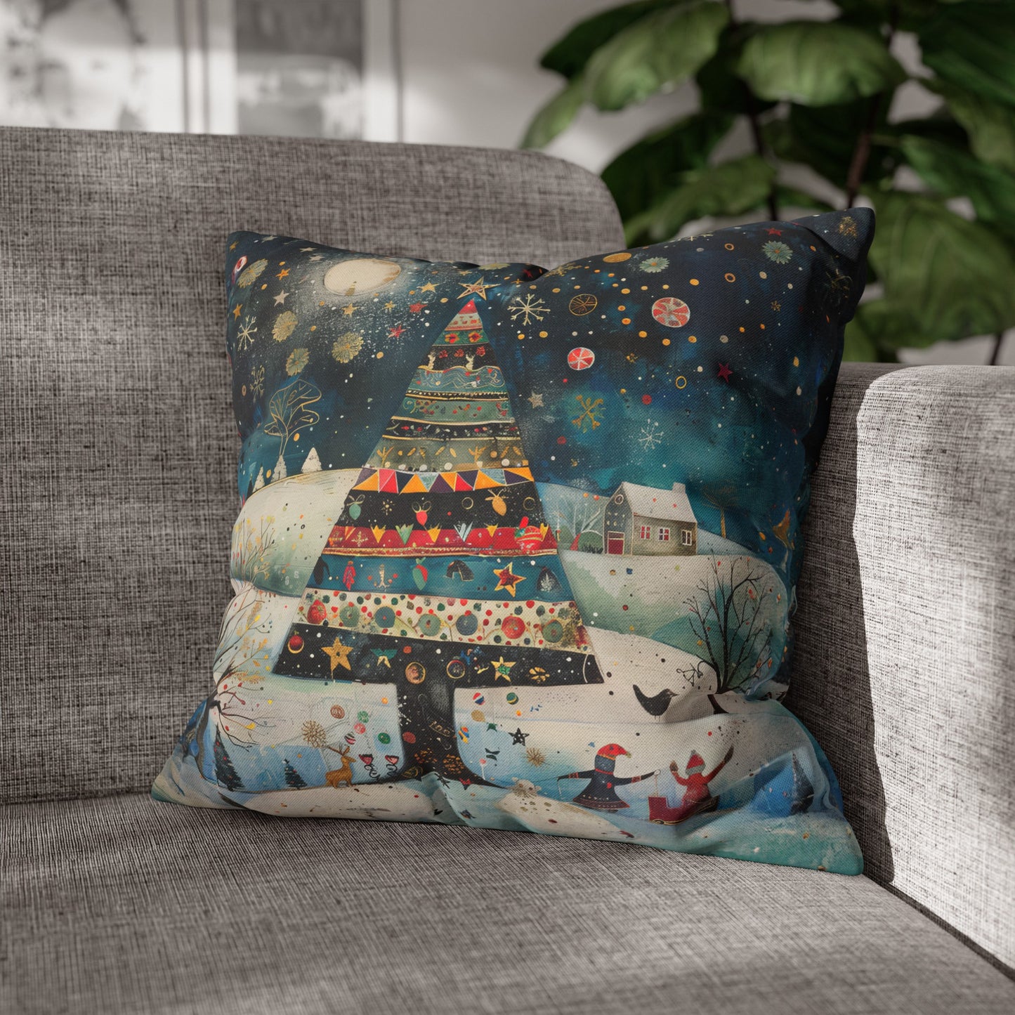 Nighttime Delights: Folk Art Christmas Tree Illuminating a Town, with Joyful Children Playing Below Spun Polyester Square Pillowcase 4 Sizes