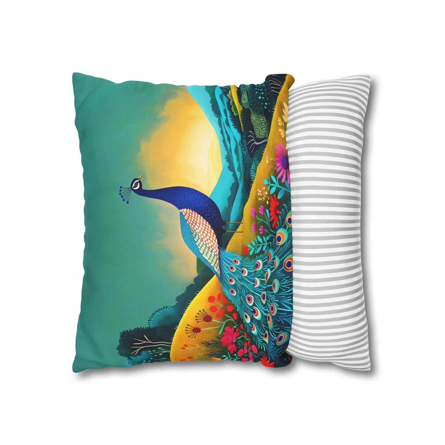 Radiant Peacock with Colorful Enchanted Garden and Sunrise Spun Polyester Square Pillowcase 4 Sizes