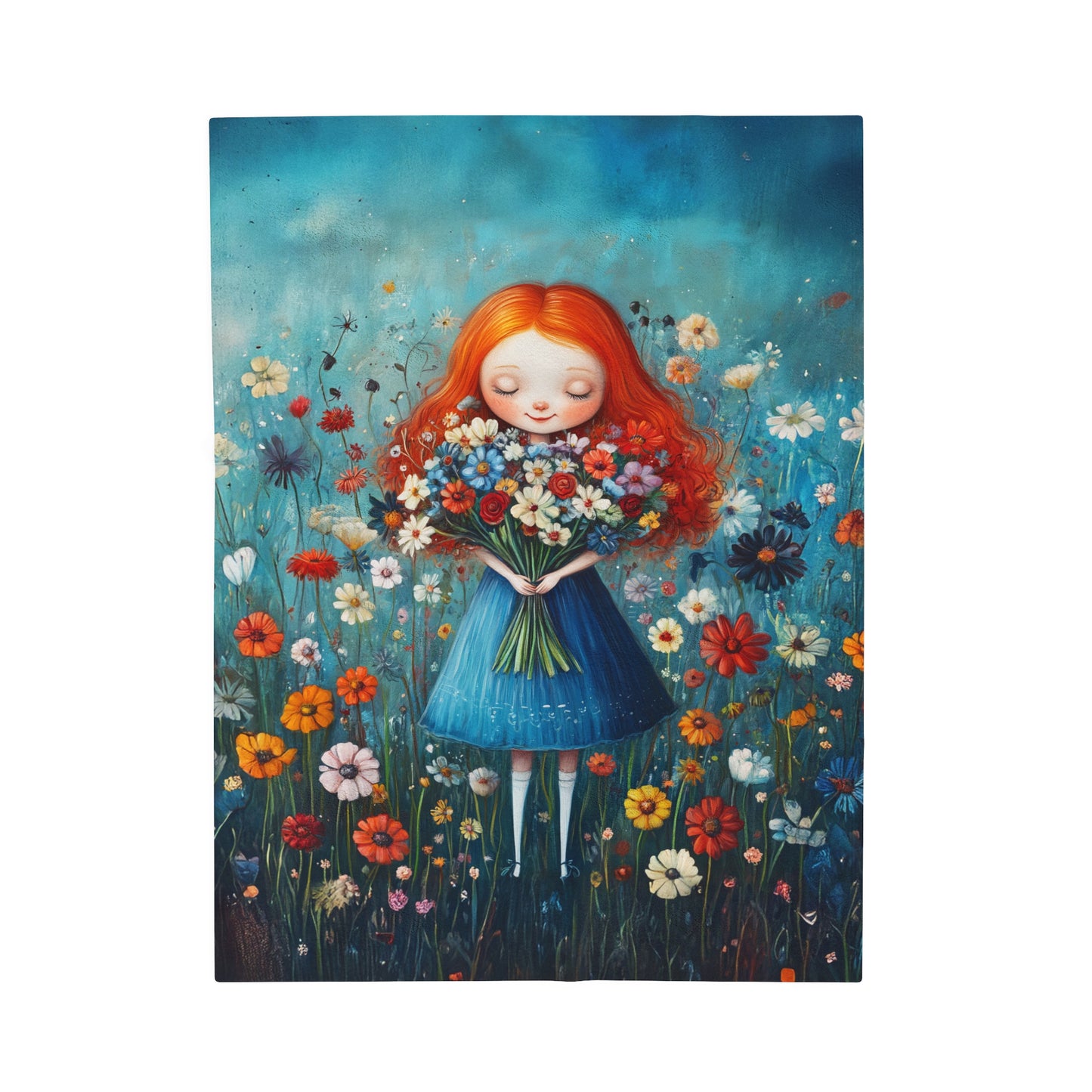 Radiant Redhead Girl with a Bouquet of Wildflowers Velveteen Plush Blanket 3 Sizes