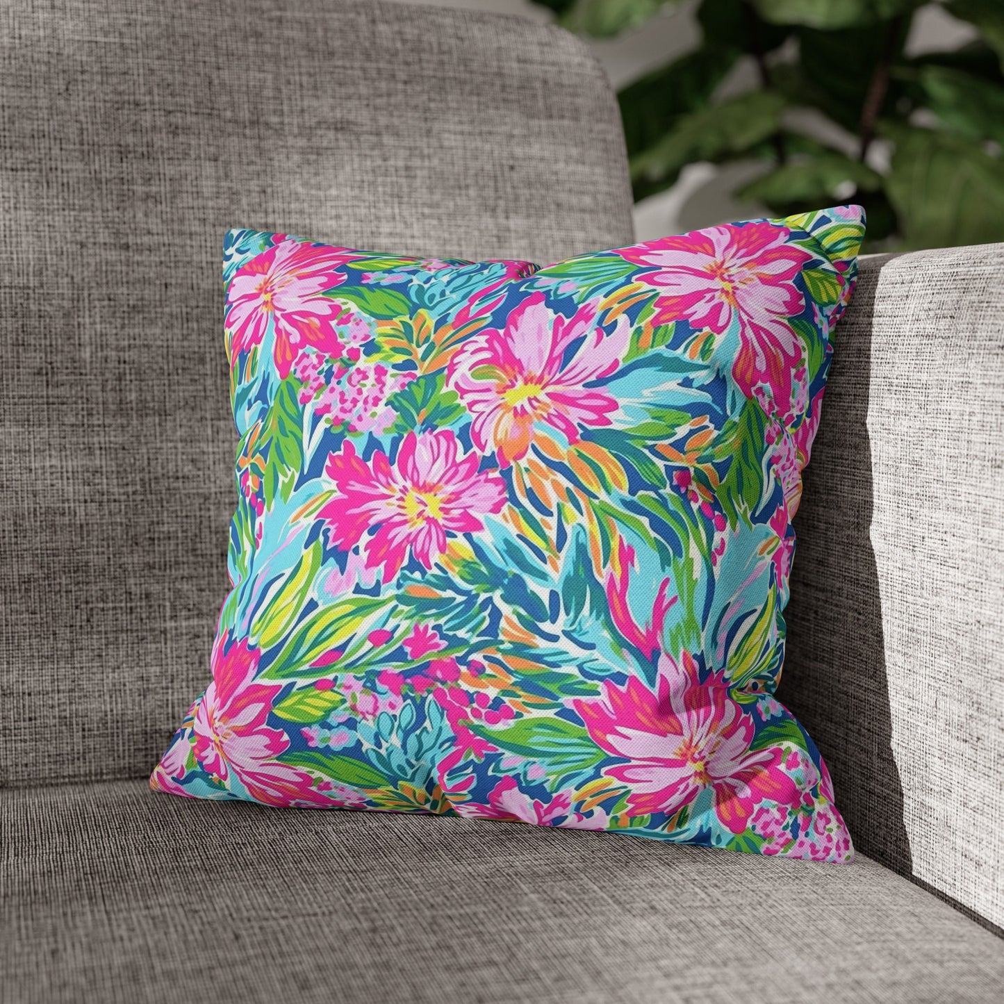 Sunlit Symphony: Large Blooms of Pink, Blue, and Green in Watercolor Spun Polyester Square Pillowcase 4 Sizes