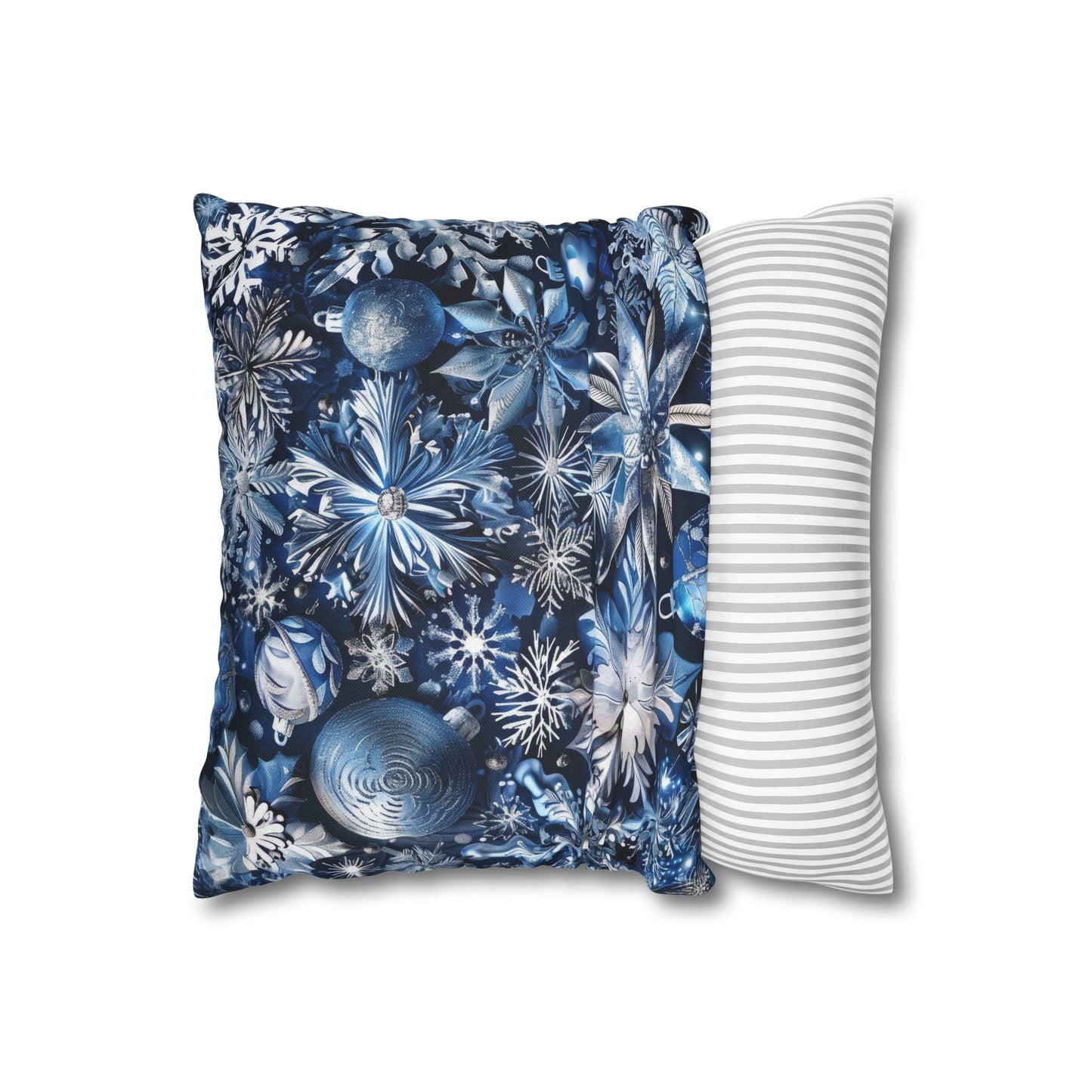 Winter Wonderland Festive Blue and Silver Snowflakes and Ornaments Spun Polyester Square Pillowcase 4 Sizes