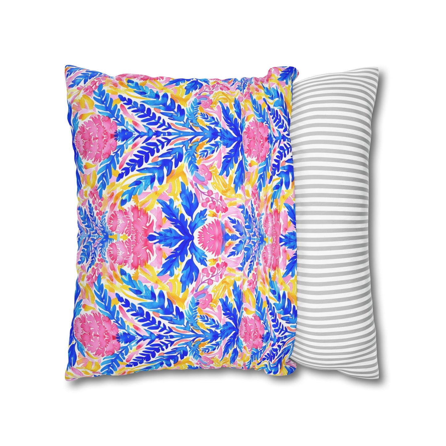 Tropical Watercolor Blooms in Vibrant Pinks and Blues Spun Polyester Square Pillowcase 4 Sizes