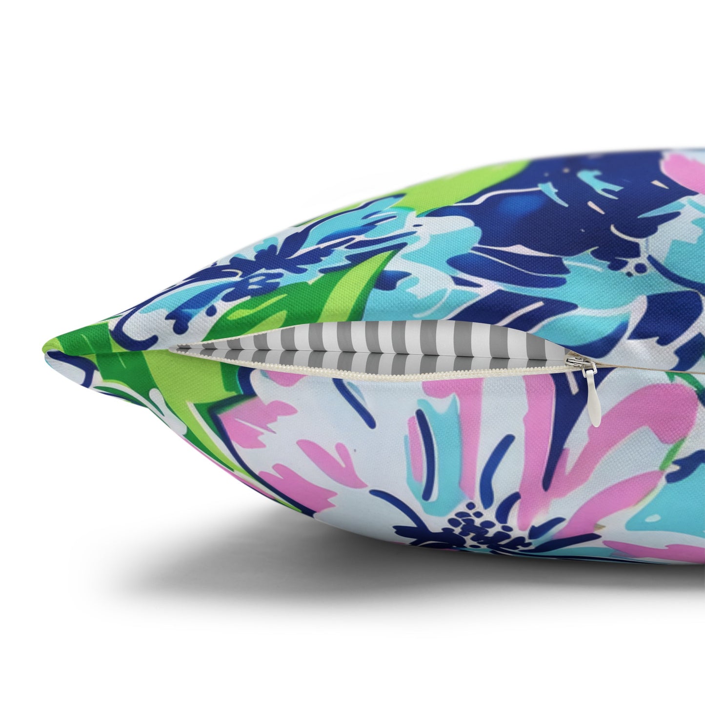 Seaside Coastal Pink, Navy, and Green Tropical Blooms Spun Polyester Square Pillowcase 4 Sizes