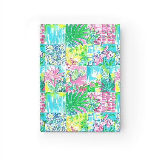 Whimsical Palm Trees and Flowers in Vibrant Pink, Teal, and Green Collage Hardcover Ruled Line Journal