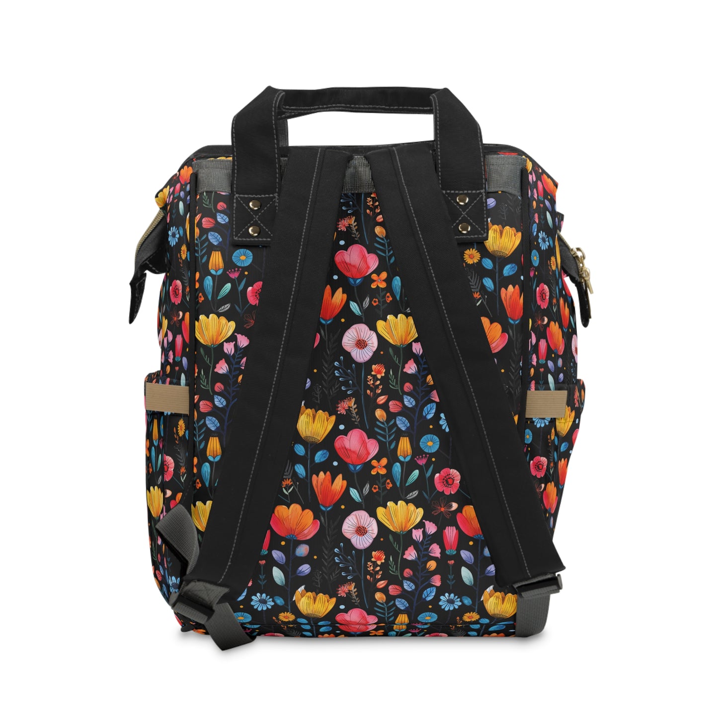 Vibrant Spring Blooms in a Kaleidoscope of Colors on Black Multifunctional Diaper Backpack