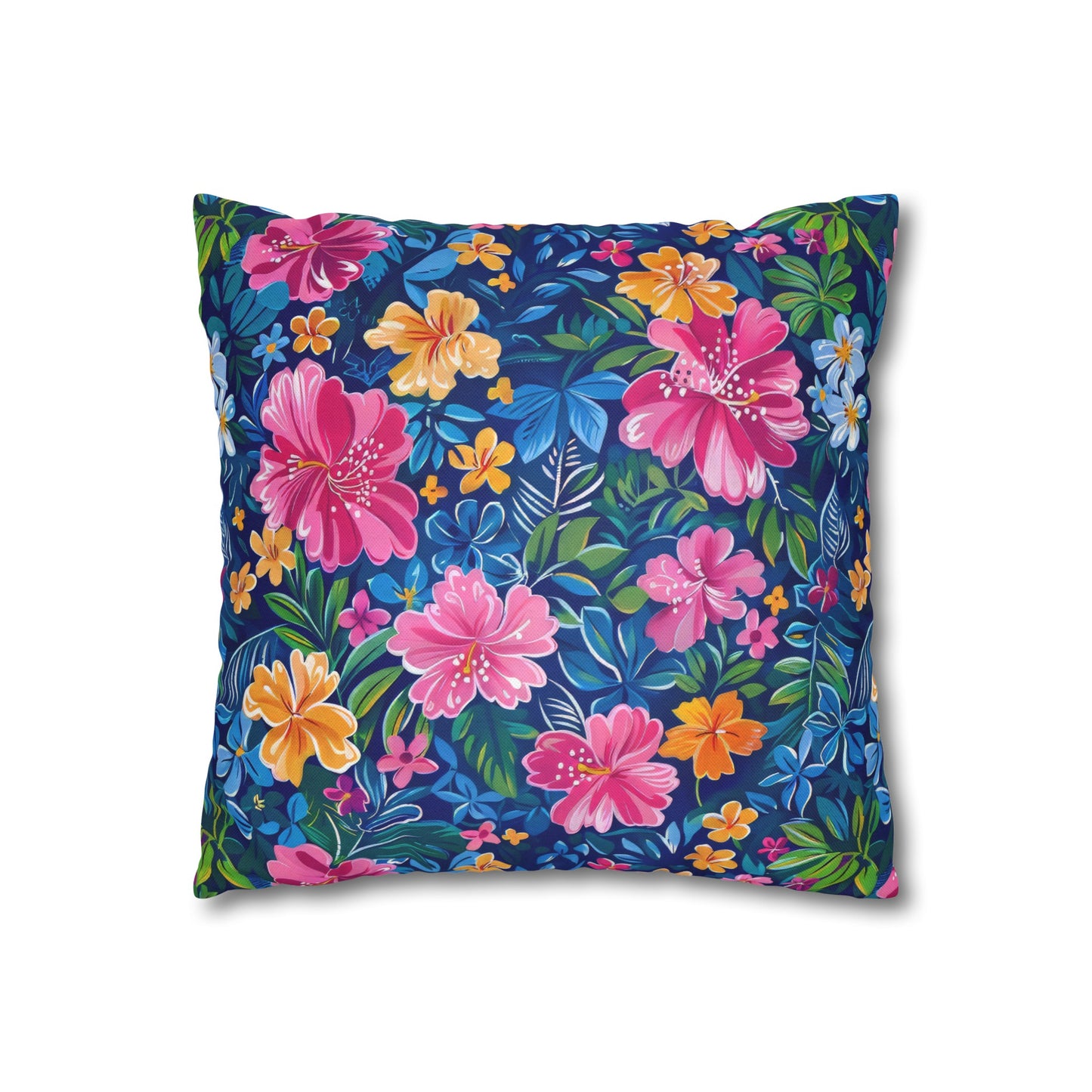 Tropical Sunrise Bloom: Pink Watercolor Flowers with Yellow and Blue Accents Spun Polyester Square Pillowcase 4 Sizes