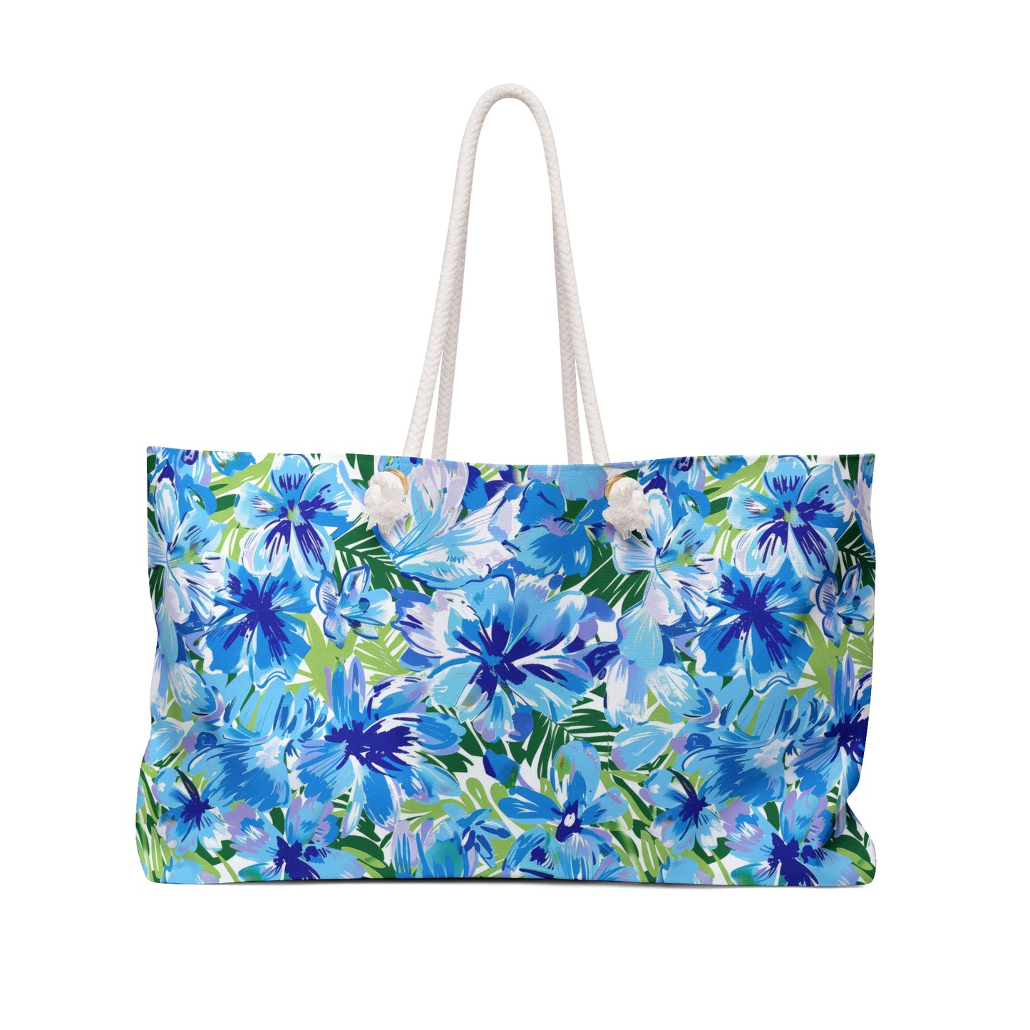 Azure Bloom Oasis: Bright Blue Large Flowers with Lush Green Palm Leaves  Oversized Weekender Bag