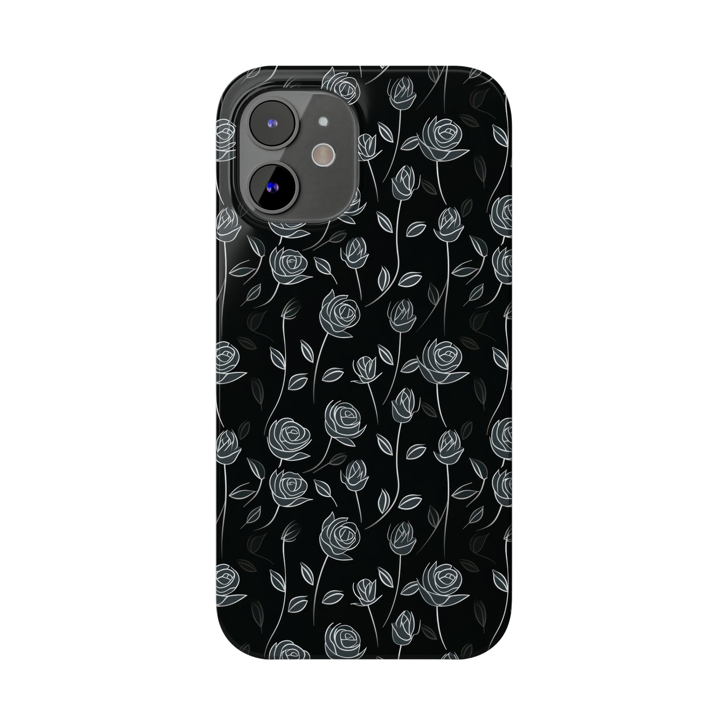 Contrasting Elegance: White Outlined Roses on a Black Background Iphone 15-12 Slim Phone Case