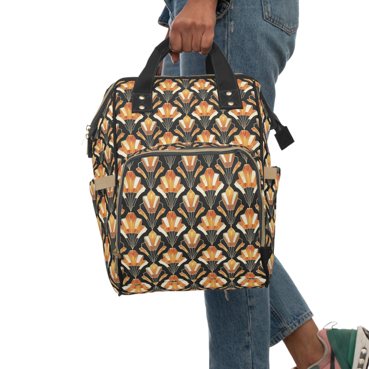 Art Deco Inspired Streamlined Geometric Florals in Orange and Black Multifunctional Diaper Backpack