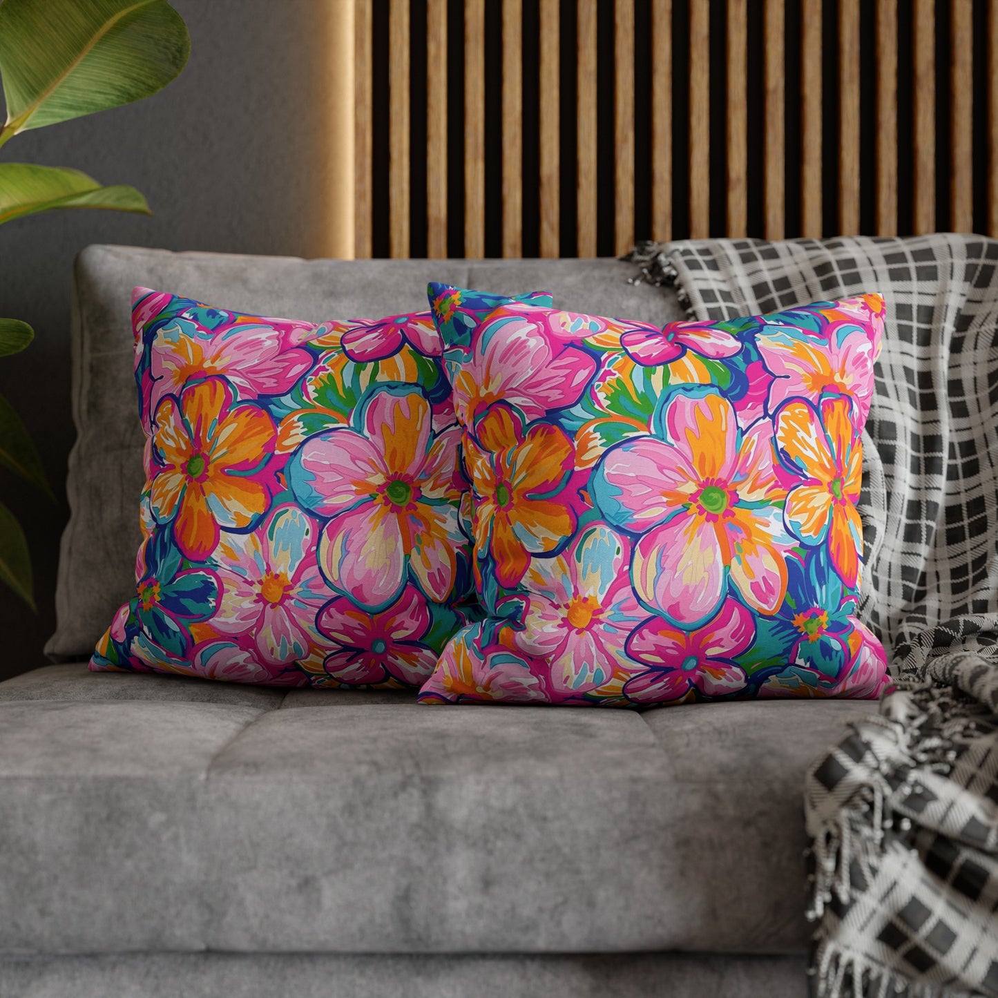 Chromatic Blossoms: Large Watercolor Flowers in Mixed Pinks, Blues, and Oranges Spun Polyester Square Pillowcase 4 Sizes