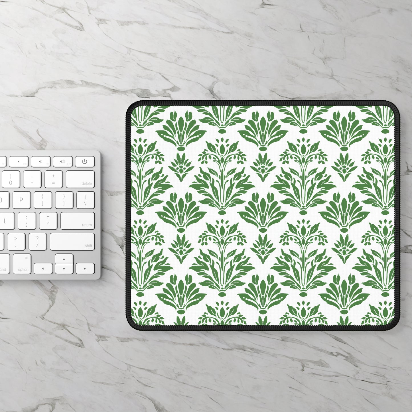 Green Floral Indian Block Print Pattern Gaming Mouse Pad with Finished Edges