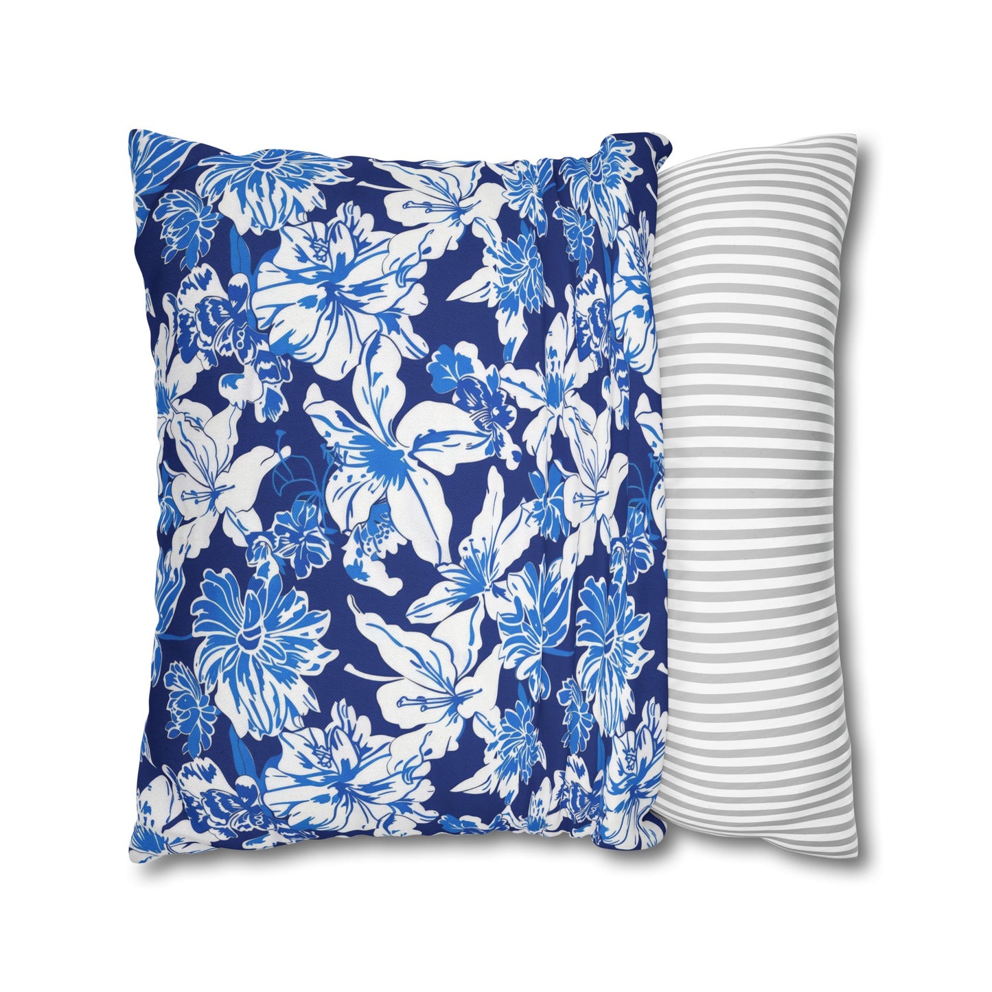 Oceanic Bloom: Watercolor Tropical Flowers in White and Blue against a Deep Blue Background Spun Polyester Square Pillowcase 4 Sizes