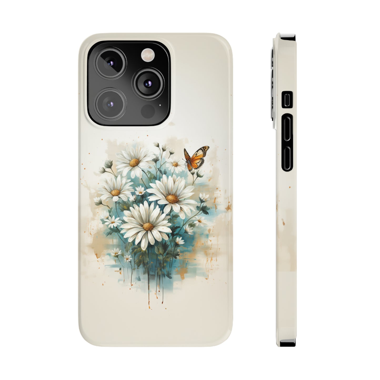 Rustic Farmhouse Teal and White Wild Daisies and Butterflies Iphone 15-12 Slim Phone Case