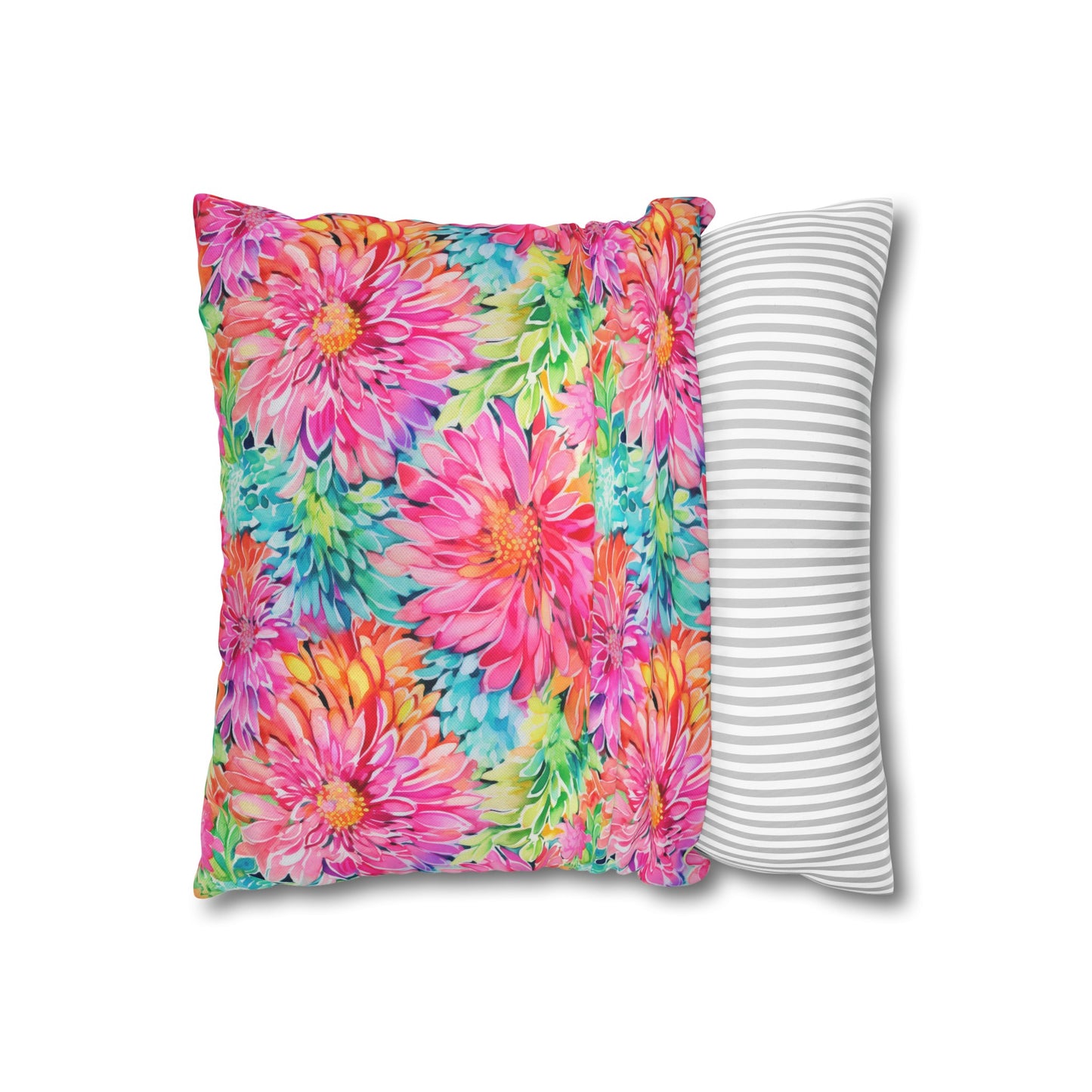 Blooming Spectrum: Large Vibrant Watercolor Flowers in Full Bloom Spun Polyester Square Pillowcase 4 Sizes