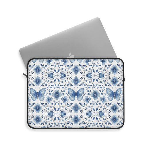 Enchanted Blue Butterflies and Blooms on White Laptop or Ipad Protective Sleeve 3 Sizes Available