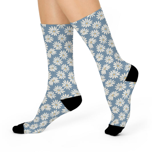 Cheerful Bright Daisy on Pastel Blue Design Cushioned Crew Socks