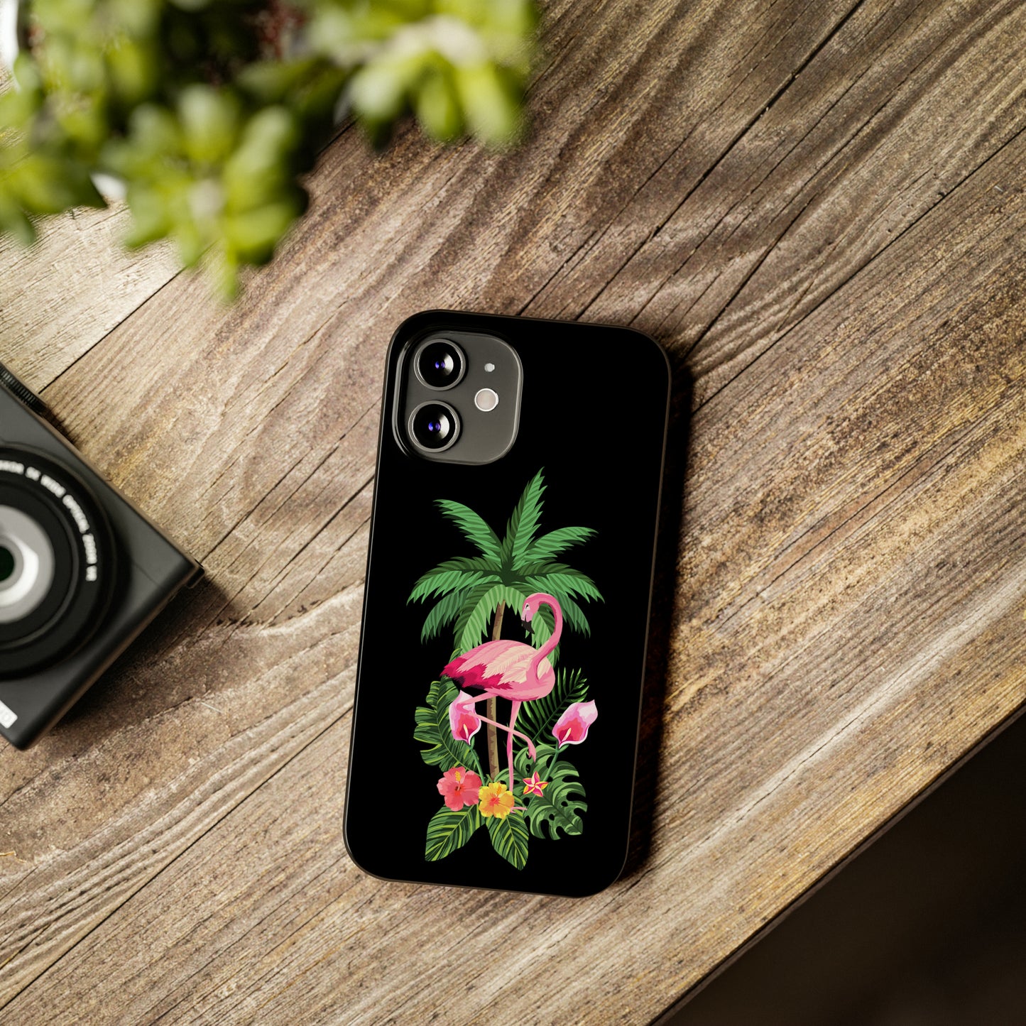 Tropical Pink Flamingo and Flowers Black Background Iphone 15-12 Slim Phone Case