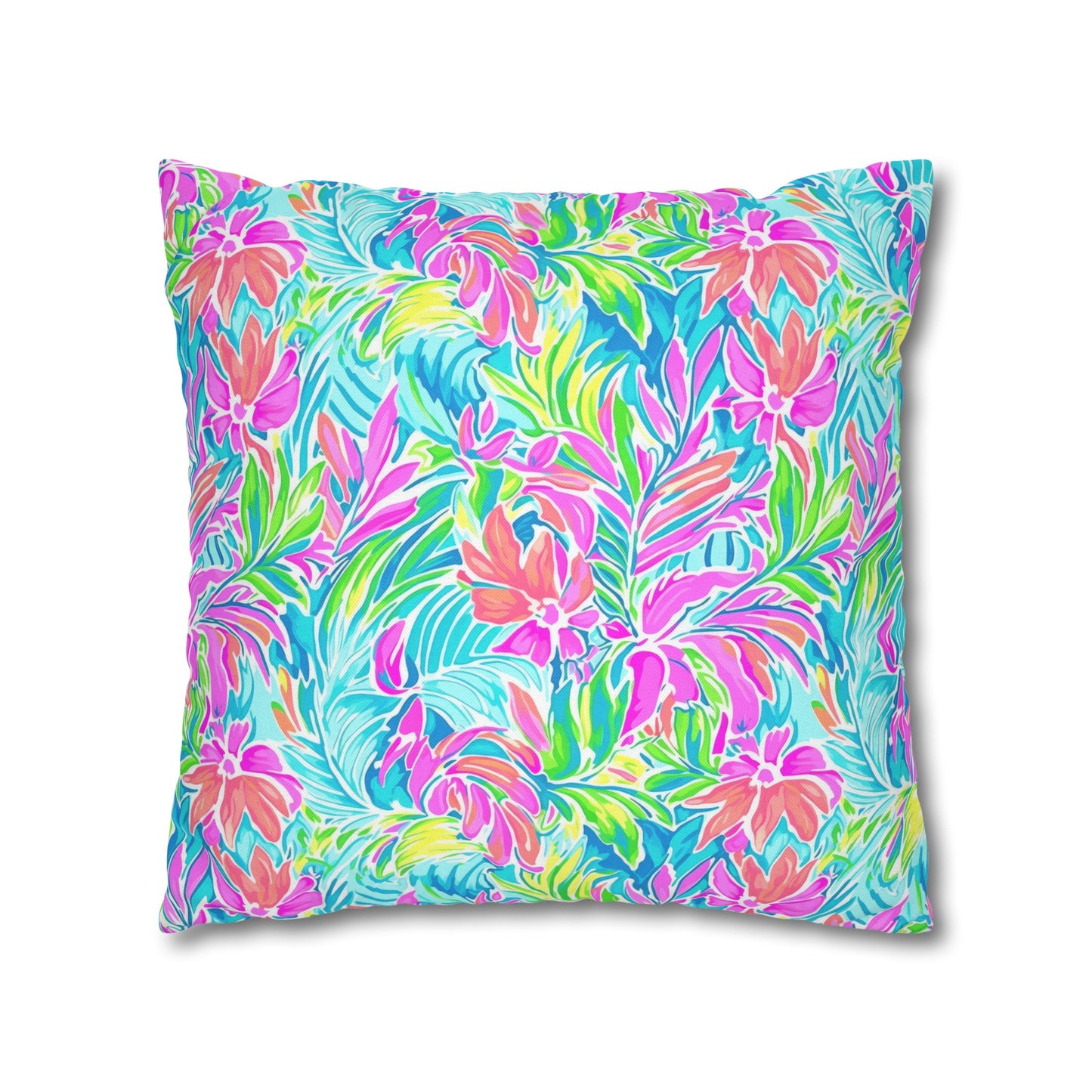 Neon Tropics: Vibrant Rainbow Flowers and Palm Leaves in Electric Splendor Spun Polyester Square Pillowcase 4 Sizes