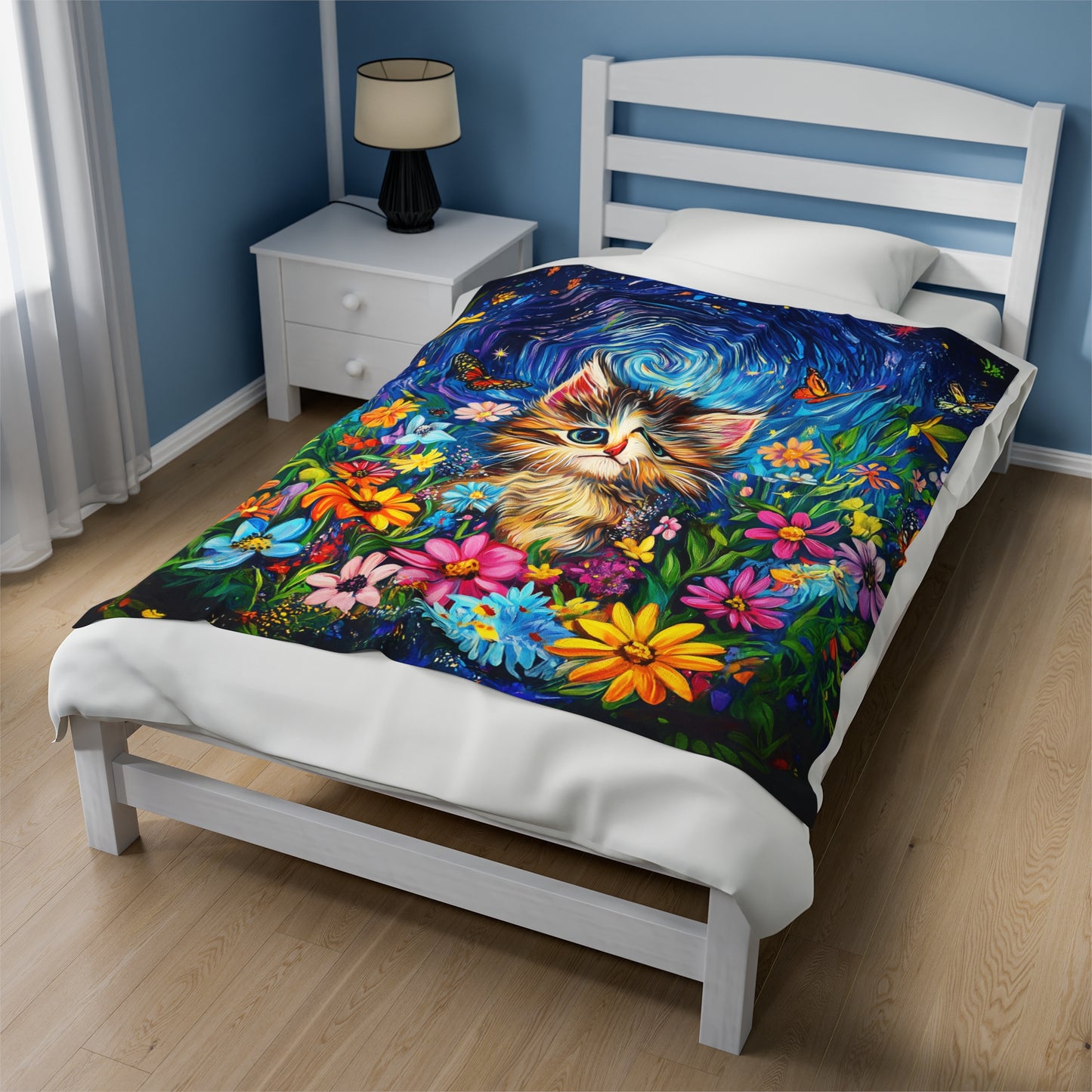 Whimsical Kitten Amidst a Van Gogh-Inspired Floral Fantasy Velveteen Plush Blanket 3 Sizes