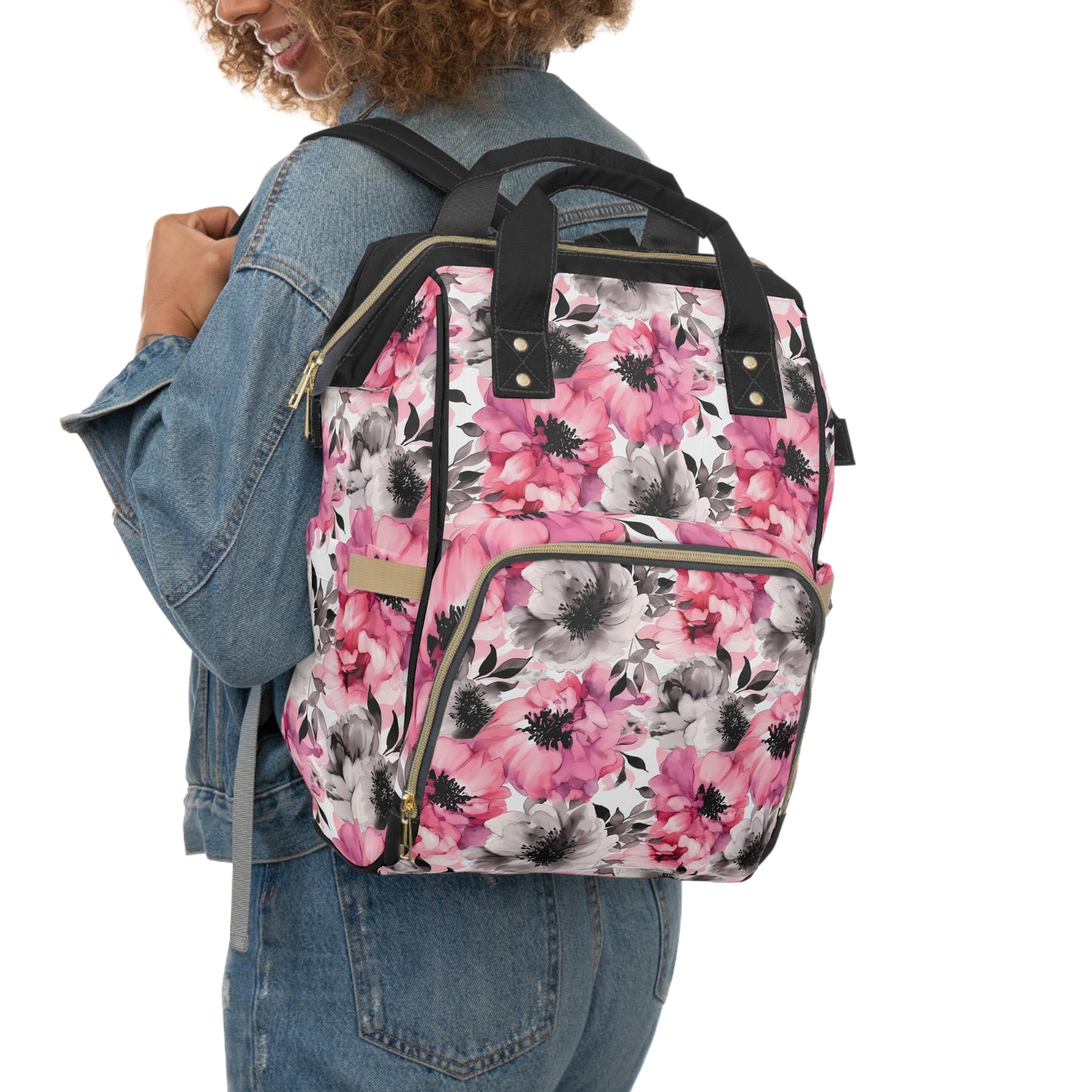 Graceful Elegance: Large Pink and Grey Watercolor Flower Design Multifunctional Diaper Backpack