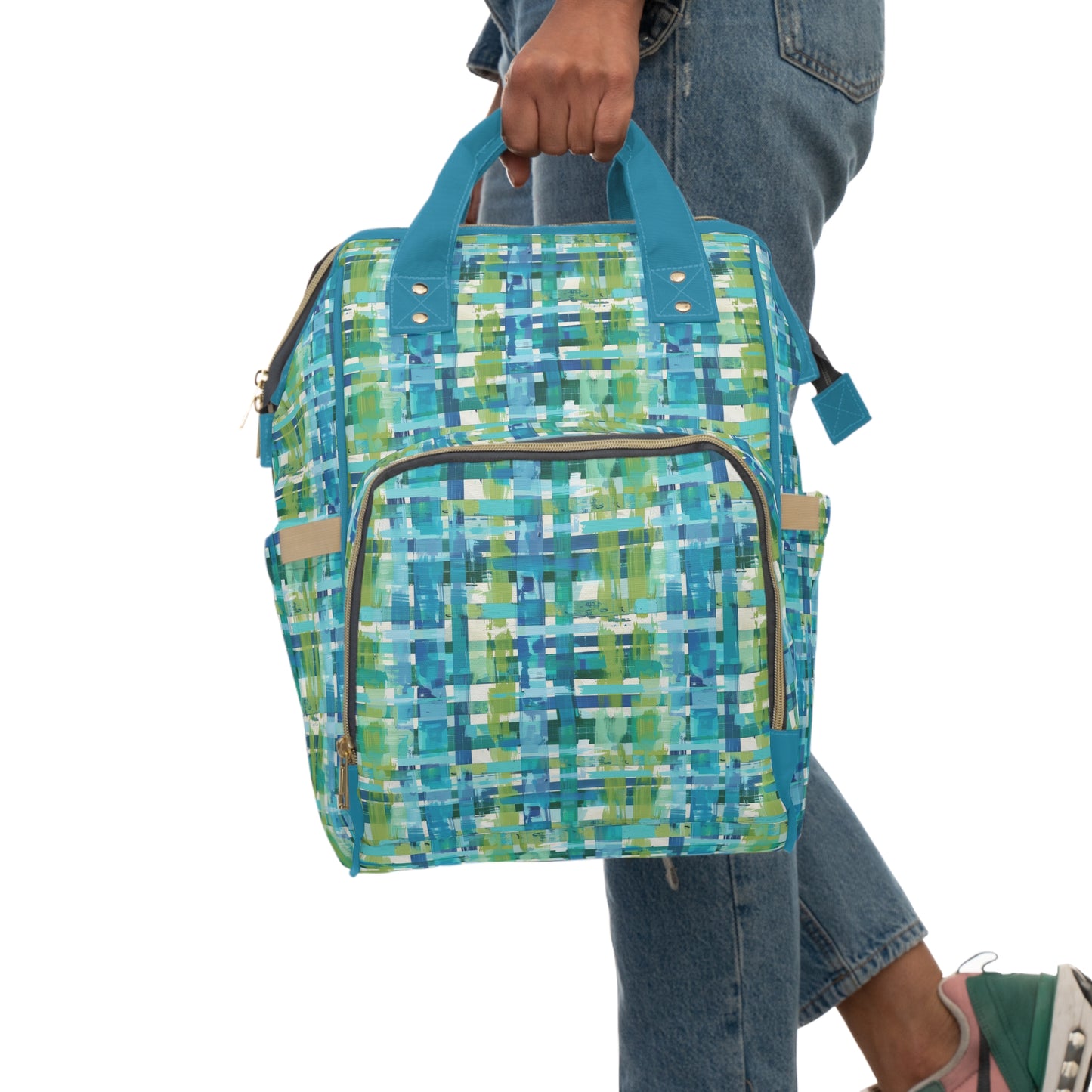 Enchanted Lagoon: Vibrant Green and Blue Abstract Plaid Multifunctional Diaper Backpack