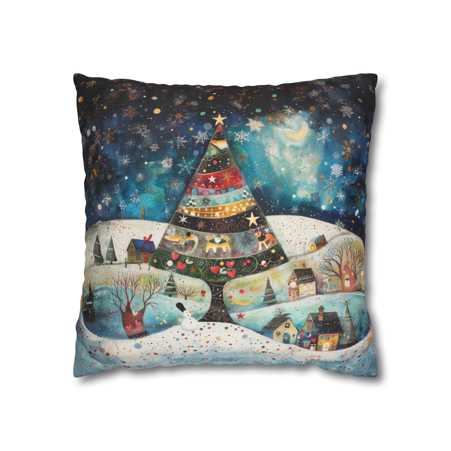 Twilight Treasures: Folk Art Christmas Tree Adorning a Town at Night Spun Polyester Square Pillowcase 4 Sizes